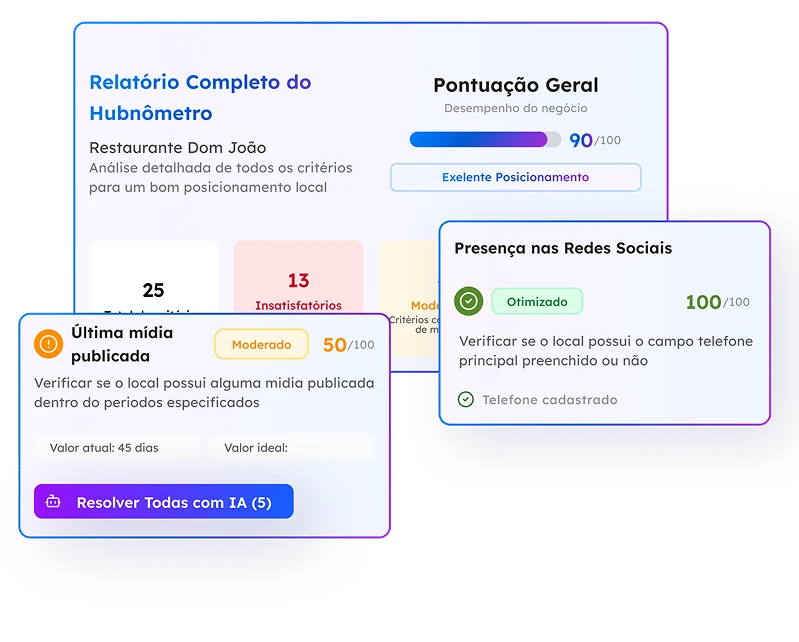 Painel do HubNômetro com pontuação geral e critérios de presença local avaliados
